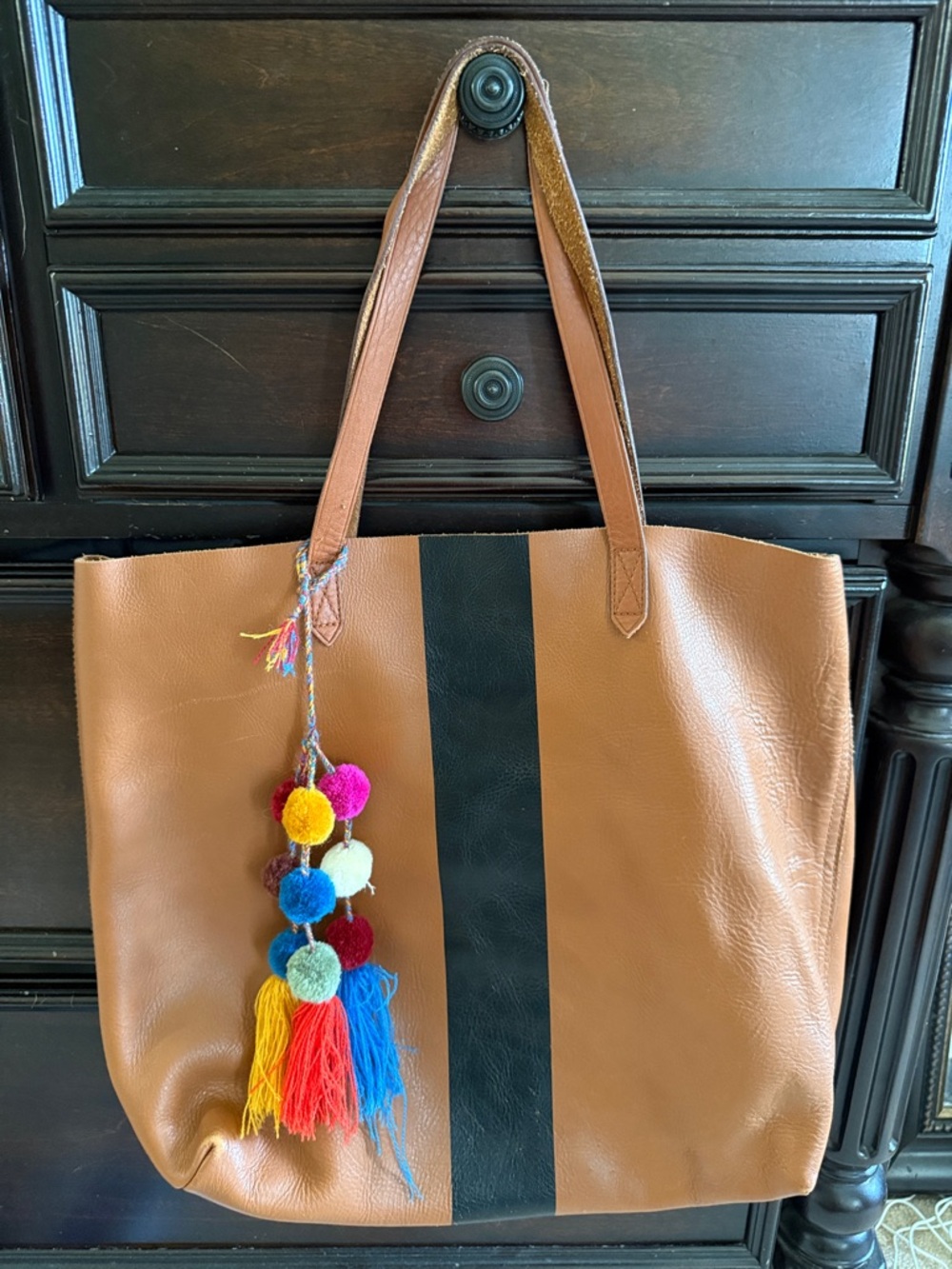 Madewell Tan Tote with Black Stripe and Colorful Pom Tassel Accent